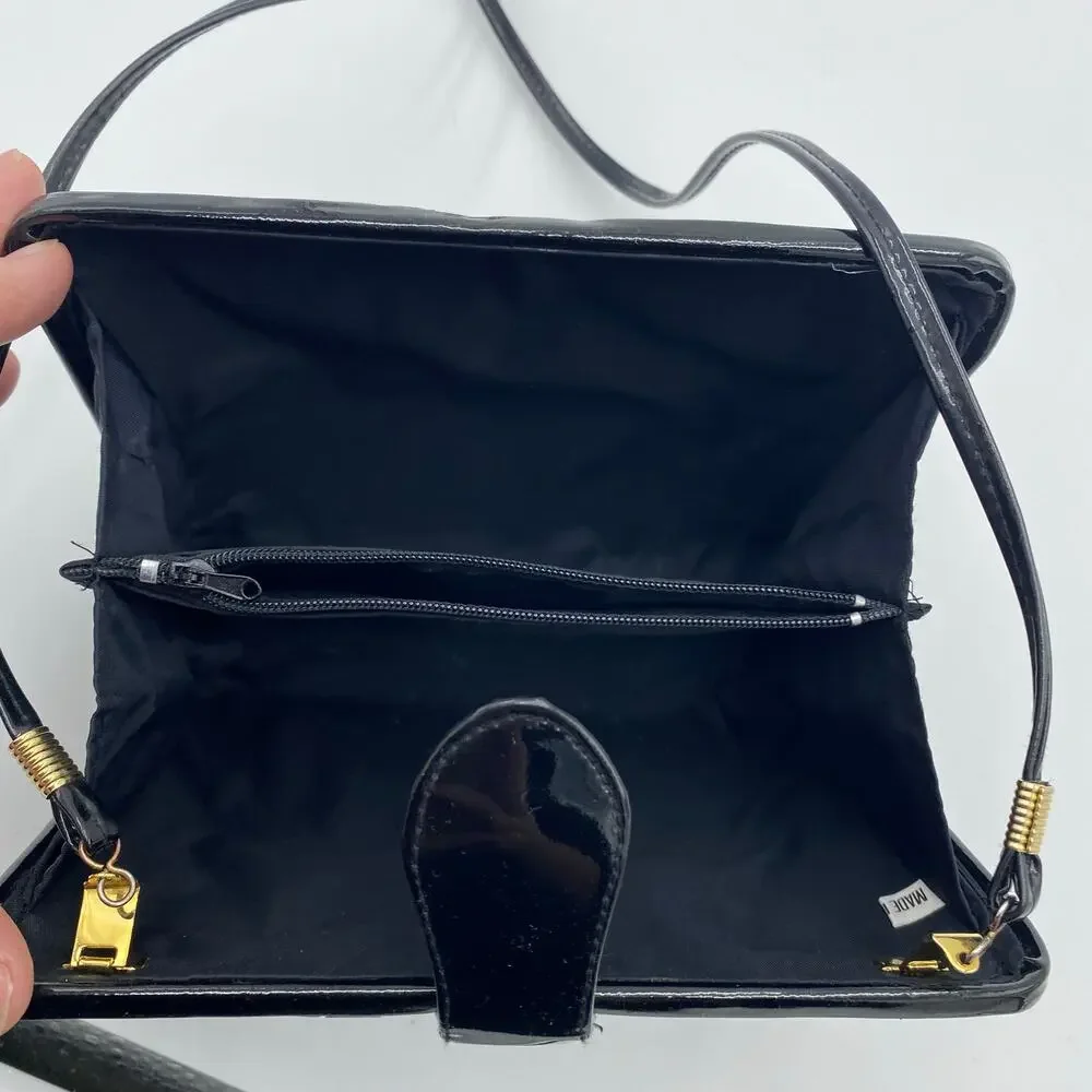 Pillbox Purse Basketweave Black Paten Leather Hard Case Optional Strap‎